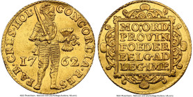 Holland. Provincial gold Ducat 1762 AU58 NGC, Dordrecht mint, KM12.3, Delm-775, V&S-1232 (R3). A charming example of this classic type, featuring brig...