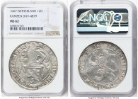 Kampen. Provincial Lion Daalder 1667 MS62 NGC, Kampen mint, KM35.3, Dav-4879, Delm-862. Knight facing left. Pastel dandelion tones hug the clear devic...