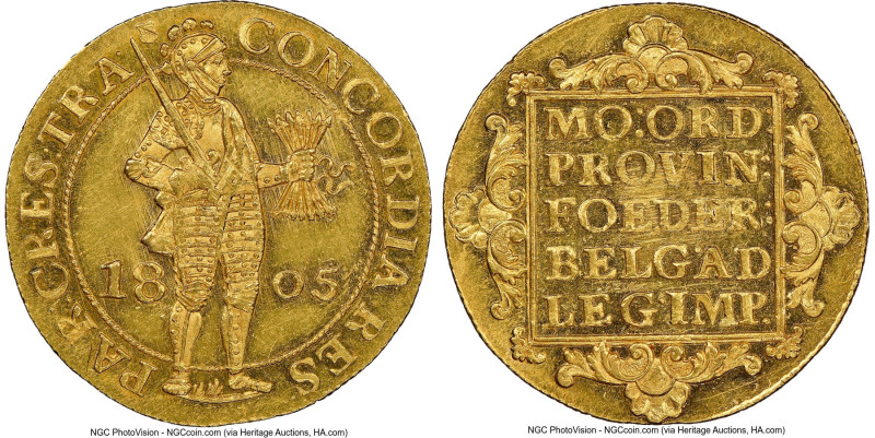 Utrecht. Batavian Republic gold 2 Ducats 1805 MS62 NGC, Utrecht mint, KM12.2, De...