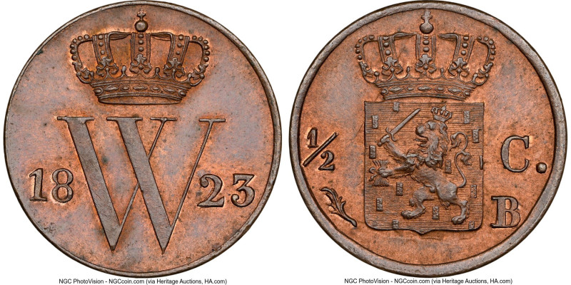 Willem I 1/2 Cent 1823-B MS65 Brown NGC, Brussels mint, KM51, Schulman-368. Palm...