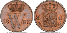 Willem I 1/2 Cent 1823-B MS65 Brown NGC, Brussels mint, KM51, Schulman-368. Palm branch mintmark. Gleaming red-ochre melds into deep plum flashes. Bew...