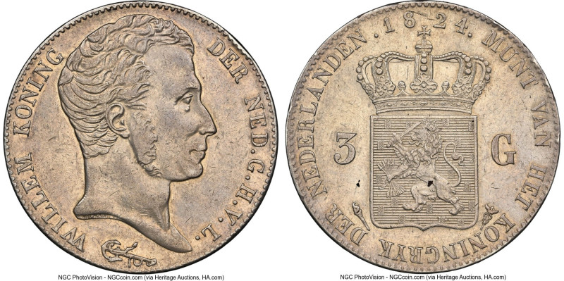 Willem I 3 Gulden 1824 AU Details (Cleaned) NGC, Utrecht mint, KM49, Schulman-24...
