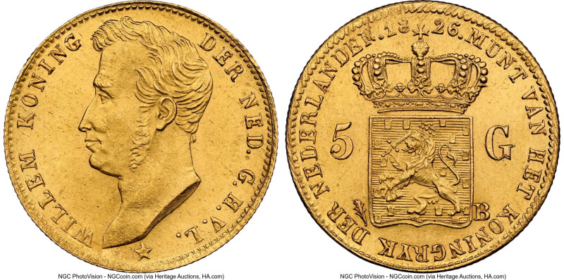 Willem I gold 5 Gulden 1826-B UNC Details (Cleaned) NGC, Brussels mint, KM60, De...