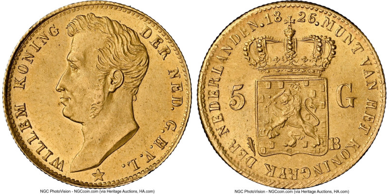 Willem I gold 5 Gulden 1826-B UNC Details (Cleaned) NGC, Brussels mint, KM60, De...