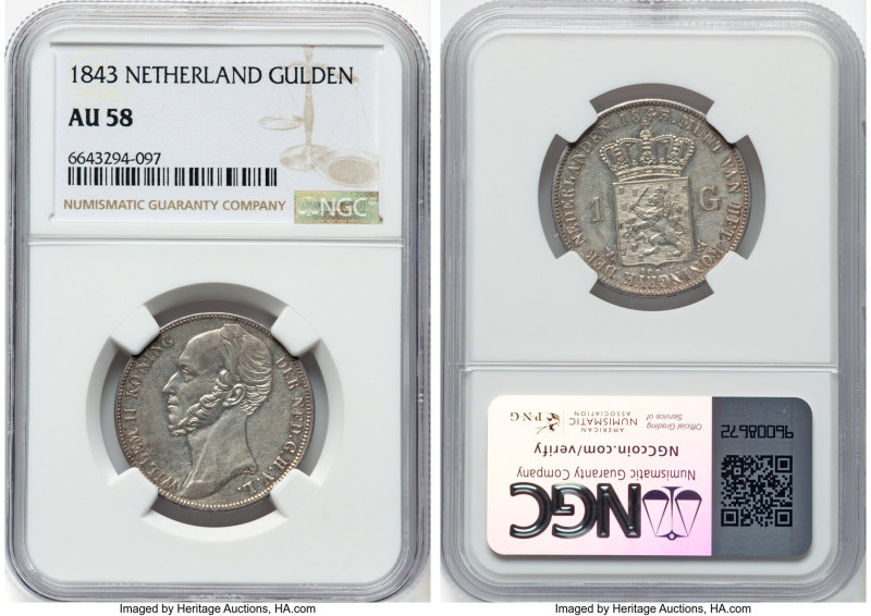 Willem II Gulden 1843 AU58 NGC, Utrecht mint, KM66, Schulman-520. Last attainabl...