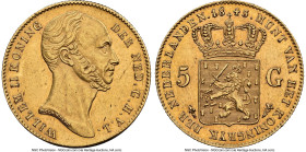 Willem II gold 5 Gulden 1843 AU58 NGC, Utrecht mint, KM72, Delm-1205, Schulman-503 (RR). Mintage: 1,595. An accessible offering of this seldom-seen ty...