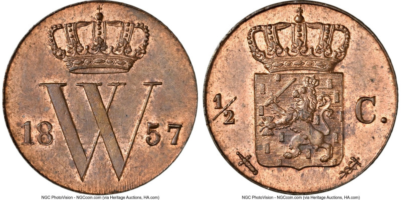 Willem III 1/2 Cent 1857 MS63 Red and Brown NGC, Utrecht mint, KM90, Schulman-70...