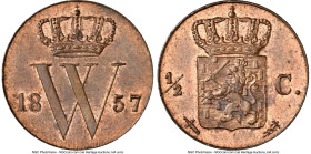 Willem III 1/2 Cent 1857 MS63 Red and Brown NGC, Utrecht mint, KM90, Schulman-709. Sword and caduceus mintmarks. From the Coenen Collection HID0980124...
