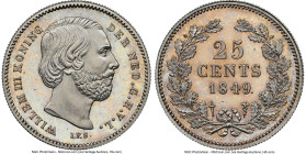 Willem III Proof 25 Cents 1849 PR64 Cameo NGC, Utrecht mint, cf. KM81 (business strike), cf. Schulman-634 (same). Sword privy mark. Slight amber tones...