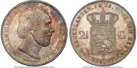 Willem III 2-1/2 Gulden 1873 MS64+ NGC, Utrecht mint, KM82, Schulman-599. Displaying a vivid sunset palette of coral, magenta, and cobalt, prominent o...