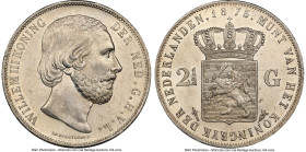Willem III 2-1/2 Gulden 1873 MS62 NGC, Utrecht mint, KM82, Schulman-599. Crisp devices display prominently on these glimmering straw-gold surfaces. HI...