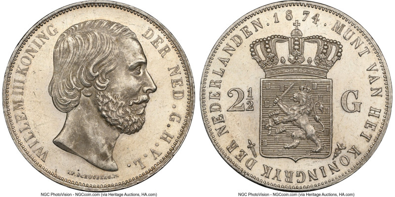 Willem III 2-1/2 Gulden 1874 MS63 NGC, Utrecht mint, KM82, Schulman-600. Sword i...