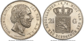 Willem III 2-1/2 Gulden 1874 MS63 NGC, Utrecht mint, KM82, Schulman-600. Sword in round scabbard mintmark. Cartwheel luster abounds on this gentle lem...