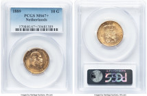 Willem III gold 10 Gulden 1889 MS67+ PCGS, Utrecht mint, KM106, Schulman-558. A remarkably impressive assignment for this date, very near to the peak ...