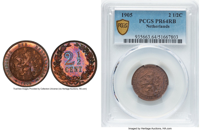 Wilhelmina copper Proof 2 1/2 Cent 1905 PR64 Red and Brown PCGS, Utrecht mint, c...