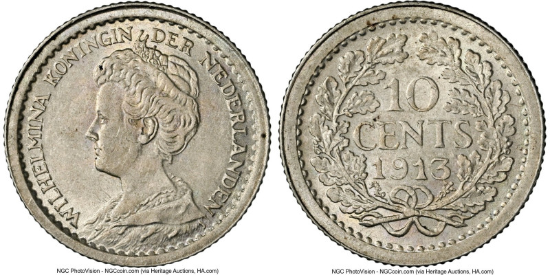 Wilhelmina 10 Cents 1913 MS62 NGC, Utrecht mint, KM145, Schulman-892. From the C...