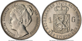 Wilhelmina Gulden 1906 MS62 NGC, Utrecht mint, KM122.2, Schulman-808 (R). Shining pewter surfaces feature cartwheeling luster across the boldly render...