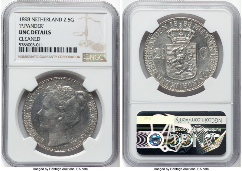 Wilhelmina 2-1/2 Gulden 1898 UNC Details (Cleaned) NGC, Utrecht mint, KM123, Dav...