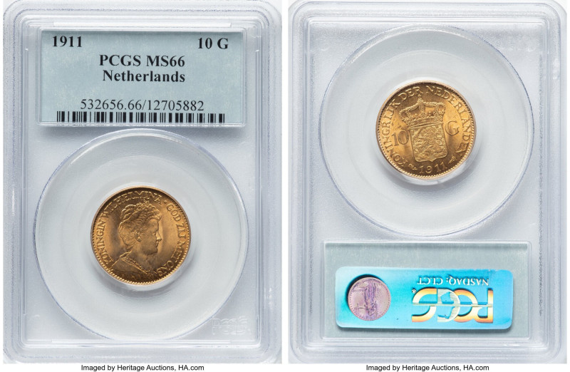 Wilhelmina gold 10 Gulden 1911 MS66 PCGS, Ultrecht mint, KM149. Stunning cartwhe...