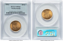 Wilhelmina gold 10 Gulden 1911 MS66 PCGS, Ultrecht mint, KM149. Stunning cartwheel luster is only accentuated by gentle amber toning on the surface of...