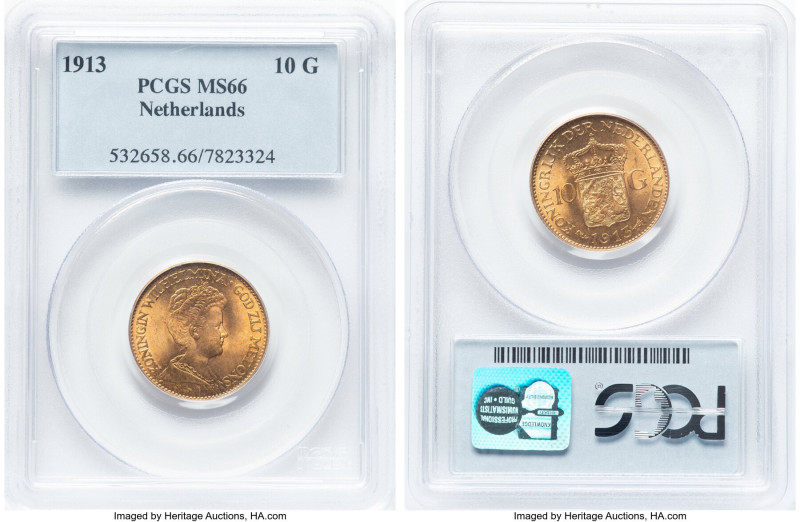 Wilhelmina gold 10 Gulden 1913 MS66 PCGS, Utrecht mint, KM149. HID09801242017 © ...
