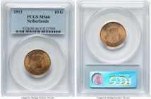 Wilhelmina gold 10 Gulden 1913 MS66 PCGS, Utrecht mint, KM149. Last attainable grade available at NGC. Russet tones and cartwheel luster make this an ...