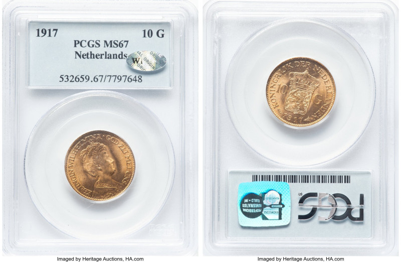 Wilhelmina gold 10 Gulden 1917 MS67 PCGS, Utrecht mint, KM149. HID09801242017 © ...