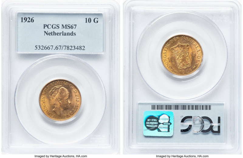 Wilhelmina gold 10 Gulden 1926 MS67 PCGS, Utrecht mint, KM162. HID09801242017 © ...
