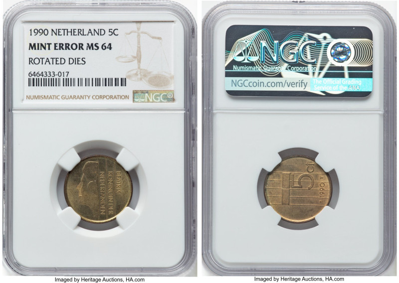 Beatrix Mint Error - Rotated Dies 5 Cent 1990 MS64 NGC, Utrecht mint, KM202. HID...