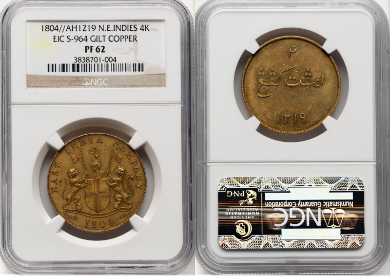 Sumatra. East India Company gilt copper Proof 4 Kepings AH 1219 (1804) PR62 NGC,...
