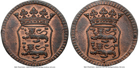 Dutch Colony. United East India Company Mint Error - Mule Duit ND (1780) AU Details (Bent) Brown NGC, KM131. West Friesland muled Netherlands East Ind...