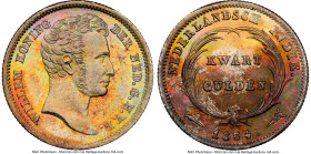 Dutch Colony. Willem I 1/4 Gulden 1834 MS63 NGC, Utrecht mint, KM301.1, Scholten-627. Displaying an incredible multicolored patina radiating across we...
