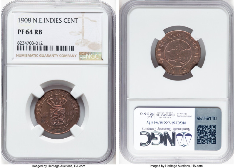 Dutch Colony. Wilhelmina Proof Cent 1908 PR64 Red and Brown NGC, Utrecht mint, K...