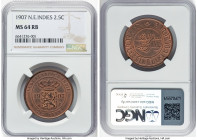 Dutch Colony. Wilhelmina 2-1/2 Cents 1907 MS64 Red and Brown NGC, Utrecht mint, KM308.2, Scholten-868. Mint Master Hugo Laurens Adriaan. Second lowest...