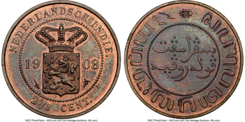 Dutch Colony. Wilhelmina Proof 2-1/2 Cents 1908 PR63 Brown NGC, Utrecht mint, KM...