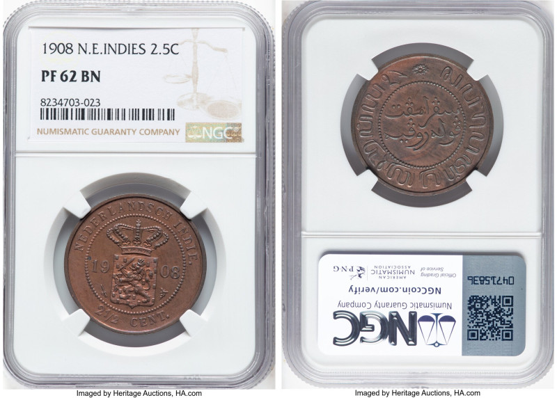 Dutch Colony. Wilhelmina Proof 2-1/2 Cents 1908 PR62 Brown NGC, Utrecht mint, KM...