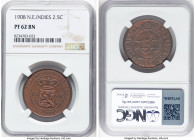 Dutch Colony. Wilhelmina Proof 2-1/2 Cents 1908 PR62 Brown NGC, Utrecht mint, KM308.2, cf. Scholten-868 (business strike). Shinning terracotta surface...