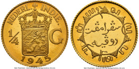 Dutch Colony. Wilhelmina gold Proof Pattern 1/4 Gulden 1945-Dated PR67 NGC, KM-Pn33. 3.98gm. A coveted off-metal strike in gold. Only one graded highe...