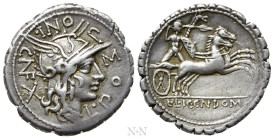 L. POMPONIUS CN. F., L. LICINIUS AND CN. DOMITIUS. Serrate Denarius (118 BC). Rome