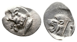 Mysia, Cyzicus Obol circa 450, AR . Forepart of boar l., behind, tunny. Lion’s head l. within incuse square.Reference :Condition: Very Fine