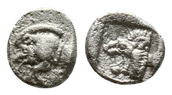 Mysia, Cyzicus Obol circa 450, AR . Forepart of boar l., behind, tunny. Lion’s h...