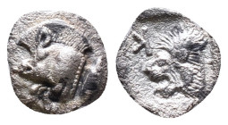Mysia, Cyzicus Obol circa 450, AR . Forepart of boar l., behind, tunny. Lion’s head l. within incuse square.Reference :Condition: Very Fine