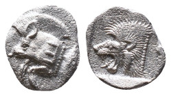 Mysia, Cyzicus Obol circa 450, AR . Forepart of boar l., behind, tunny. Lion’s head l. within incuse square.Reference :Condition: Very Fine