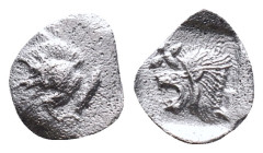 Mysia, Cyzicus Obol circa 450, AR . Forepart of boar l., behind, tunny. Lion’s head l. within incuse square.Reference :Condition: Very Fine