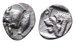 Mysia, Cyzicus Obol circa 450, AR . Forepart of boar l., behind, tunny. Lion’s head l. within incuse square.Reference :Condition: Very Fine