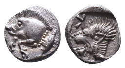 Mysia, Cyzicus Obol circa 450, AR . Forepart of boar l., behind, tunny. Lion’s head l. within incuse square.Reference :Condition: Very Fine