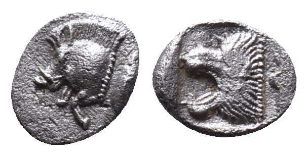 Mysia, Cyzicus Obol circa 450, AR . Forepart of boar l., behind, tunny. Lion’s h...