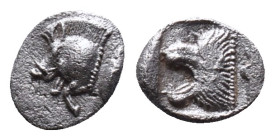 Mysia, Cyzicus Obol circa 450, AR . Forepart of boar l., behind, tunny. Lion’s head l. within incuse square.Reference :Condition: Very Fine