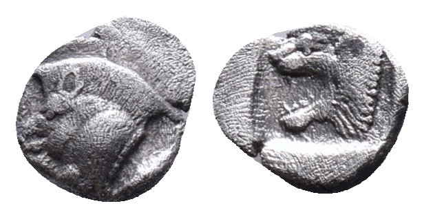 Mysia, Cyzicus Obol circa 450, AR . Forepart of boar l., behind, tunny. Lion’s h...
