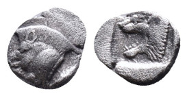 Mysia, Cyzicus Obol circa 450, AR . Forepart of boar l., behind, tunny. Lion’s head l. within incuse square.Reference :Condition: Very Fine